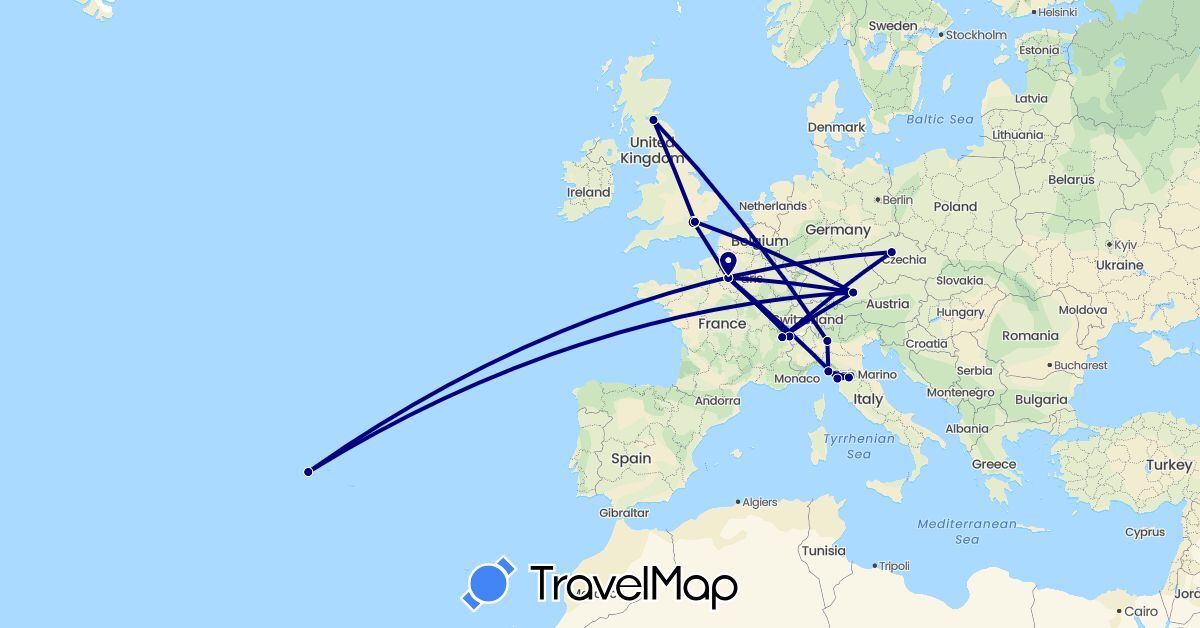 TravelMap itinerary: driving in Czech Republic, Germany, France, United Kingdom, Italy, Portugal (Europe)